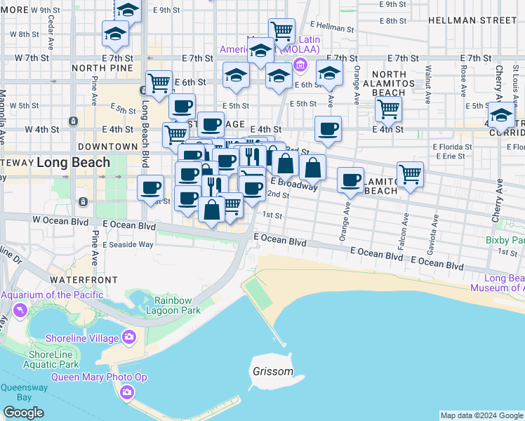 map of restaurants, bars, coffee shops, grocery stores, and more near 801 East 1st Street in Long Beach