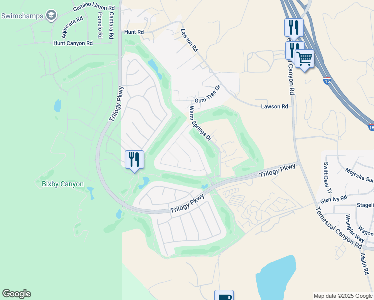 map of restaurants, bars, coffee shops, grocery stores, and more near 24238 Owl Court in Corona