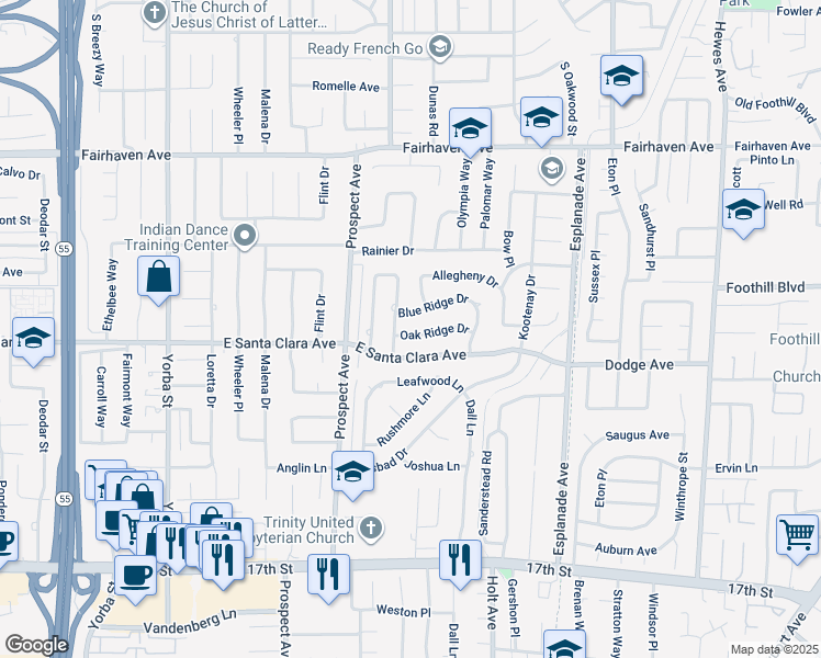 map of restaurants, bars, coffee shops, grocery stores, and more near 18042 Blue Ridge Drive in Santa Ana