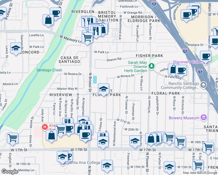 map of restaurants, bars, coffee shops, grocery stores, and more near 2401 North Baker Street in Santa Ana