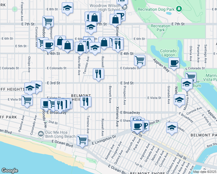 map of restaurants, bars, coffee shops, grocery stores, and more near 4222 East 3rd Street in Long Beach