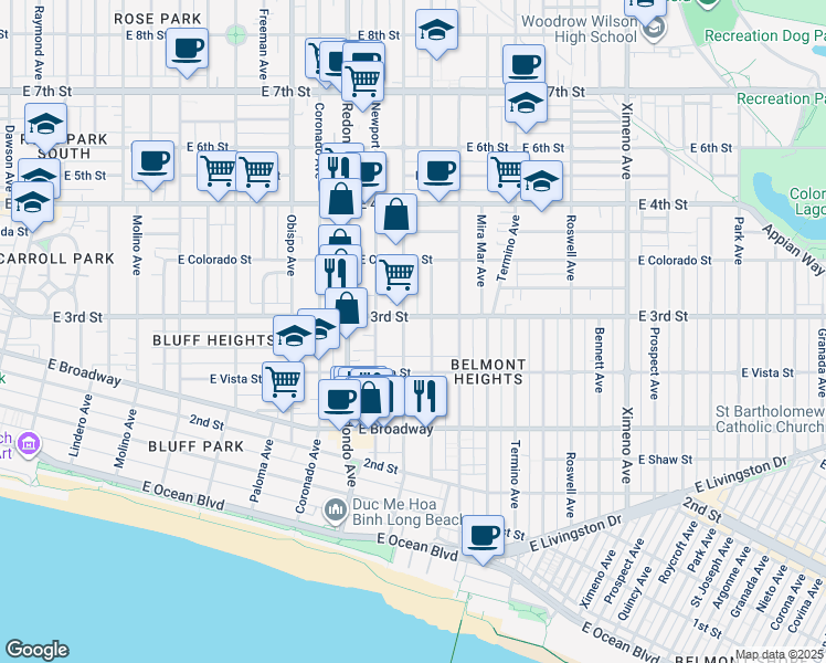 map of restaurants, bars, coffee shops, grocery stores, and more near 3538 East 3rd Street in Long Beach