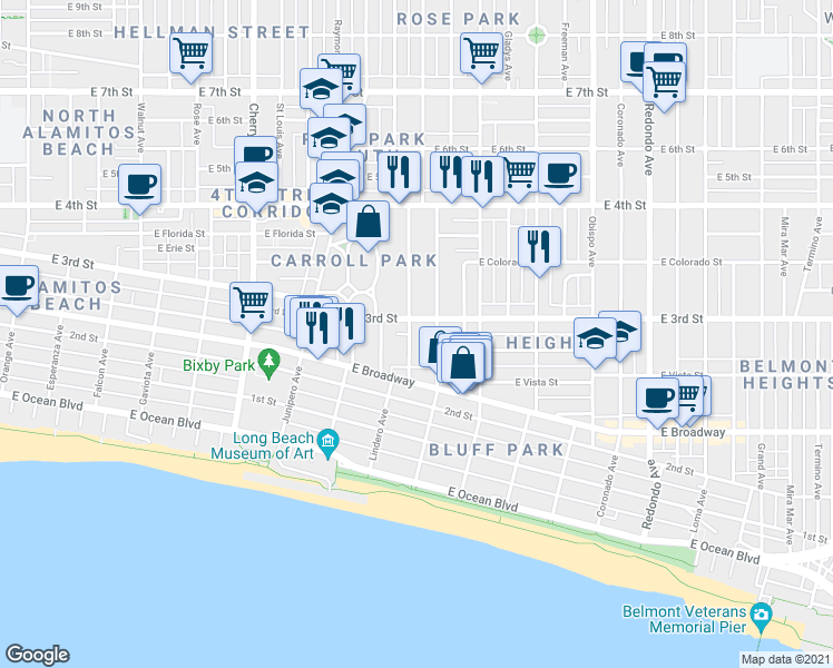 map of restaurants, bars, coffee shops, grocery stores, and more near 2622 East 3rd Street in Long Beach