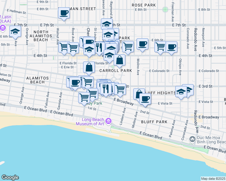 map of restaurants, bars, coffee shops, grocery stores, and more near 299 Kennebec Avenue in Long Beach
