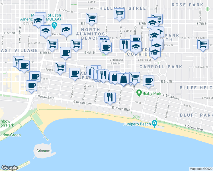 map of restaurants, bars, coffee shops, grocery stores, and more near 1629 East Broadway in Long Beach