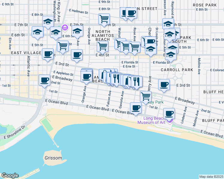 map of restaurants, bars, coffee shops, grocery stores, and more near 1509 East Broadway in Long Beach