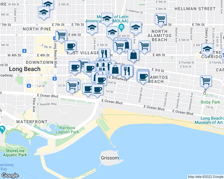 map of restaurants, bars, coffee shops, grocery stores, and more near in Long Beach