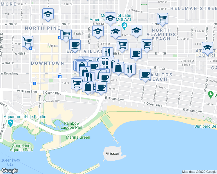 map of restaurants, bars, coffee shops, grocery stores, and more near 150 Alamitos Avenue in Long Beach