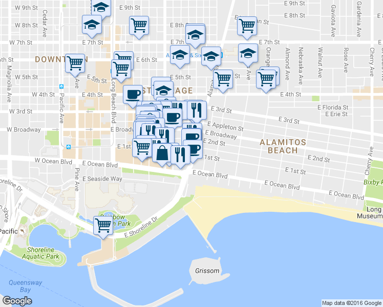 map of restaurants, bars, coffee shops, grocery stores, and more near 700 Lime Avenue in Long Beach