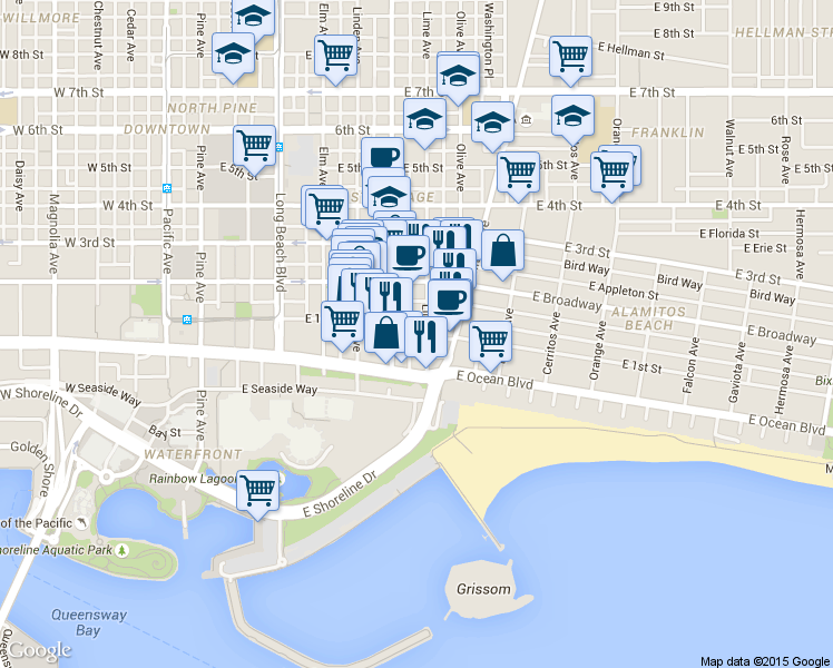 map of restaurants, bars, coffee shops, grocery stores, and more near 700 Lime Avenue in Long Beach