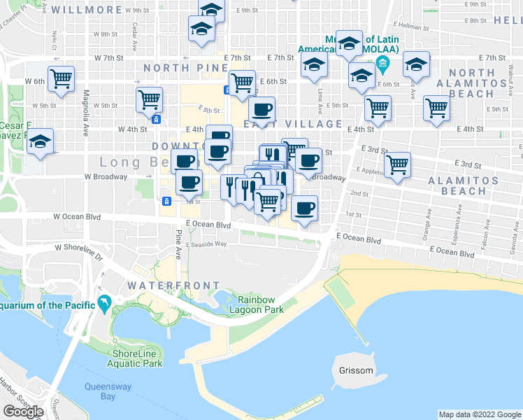 map of restaurants, bars, coffee shops, grocery stores, and more near 355 East 1st Street in Long Beach