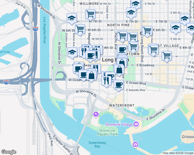 map of restaurants, bars, coffee shops, grocery stores, and more near in Long Beach
