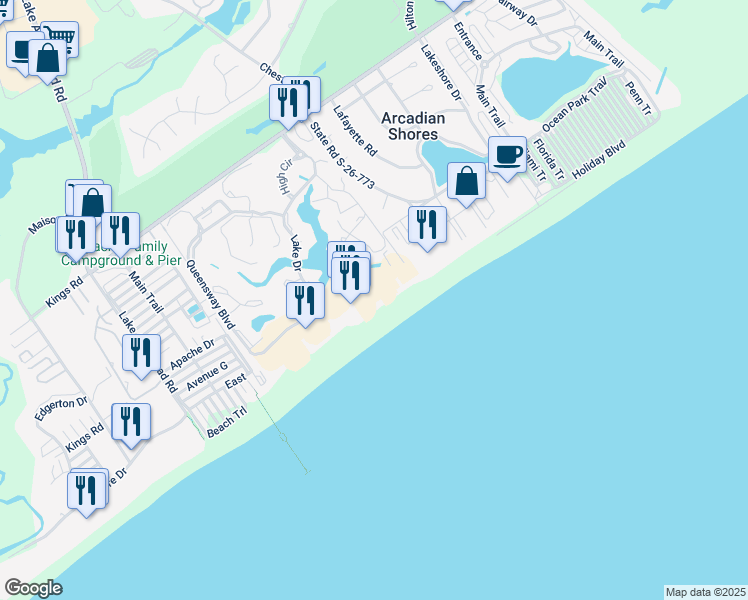 map of restaurants, bars, coffee shops, grocery stores, and more near 9820 Queensway Boulevard in Myrtle Beach