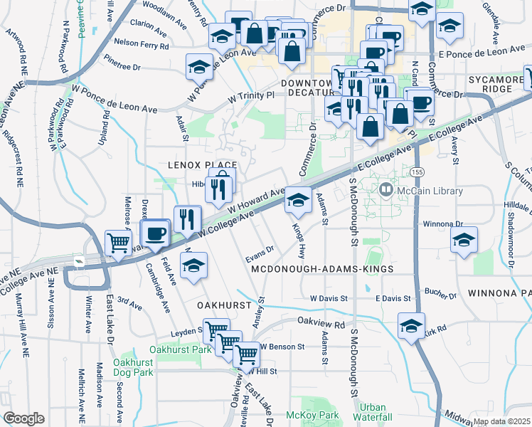 map of restaurants, bars, coffee shops, grocery stores, and more near 318 West College Avenue in Decatur