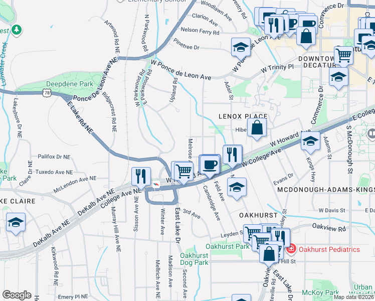 map of restaurants, bars, coffee shops, grocery stores, and more near 222 Melrose Avenue in Decatur