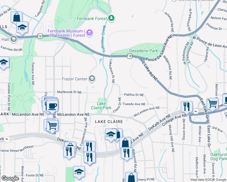 map of restaurants, bars, coffee shops, grocery stores, and more near 508 Claire Drive Northeast in Atlanta