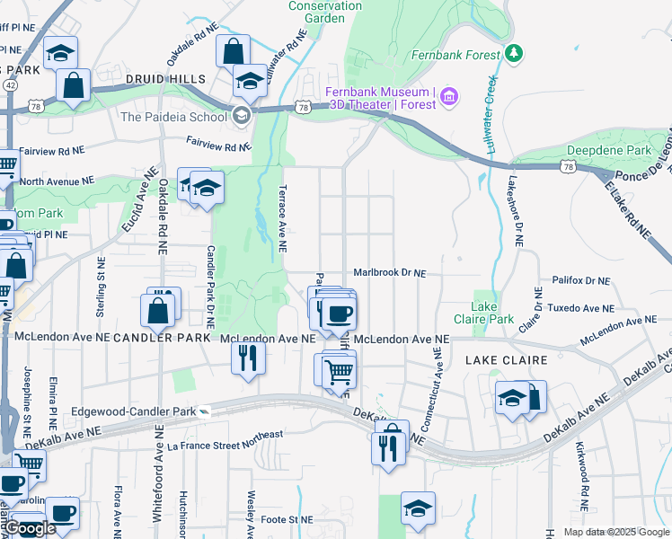 map of restaurants, bars, coffee shops, grocery stores, and more near 492 Clifton Road Northeast in Atlanta