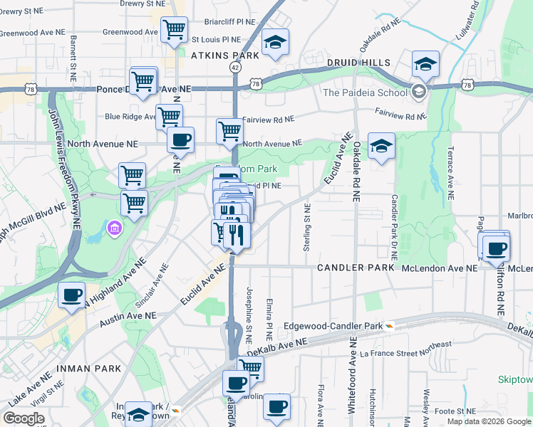 map of restaurants, bars, coffee shops, grocery stores, and more near 1258 Euclid Avenue Northeast in Atlanta