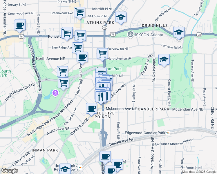 map of restaurants, bars, coffee shops, grocery stores, and more near 1191 Mansfield Avenue Northeast in Atlanta