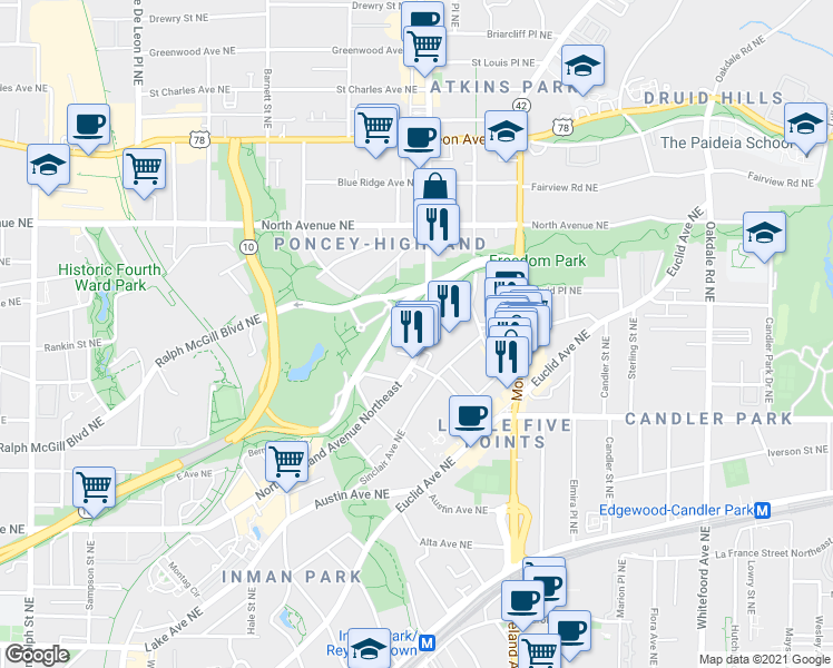 map of restaurants, bars, coffee shops, grocery stores, and more near 490 North Highland Avenue Northeast in Atlanta