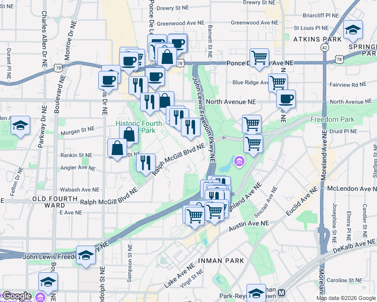 map of restaurants, bars, coffee shops, grocery stores, and more near in Atlanta