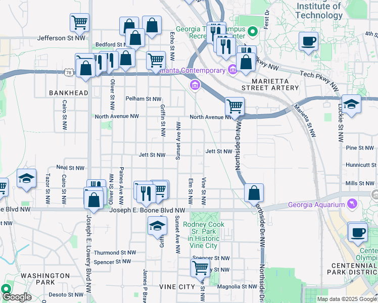 map of restaurants, bars, coffee shops, grocery stores, and more near 476 Elm Street Northwest in Atlanta
