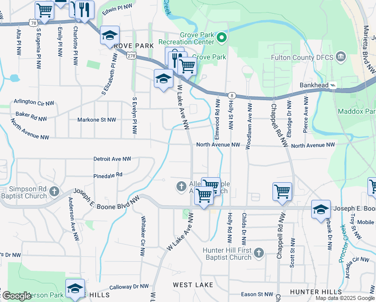 map of restaurants, bars, coffee shops, grocery stores, and more near 444 West Lake Avenue Northwest in Atlanta