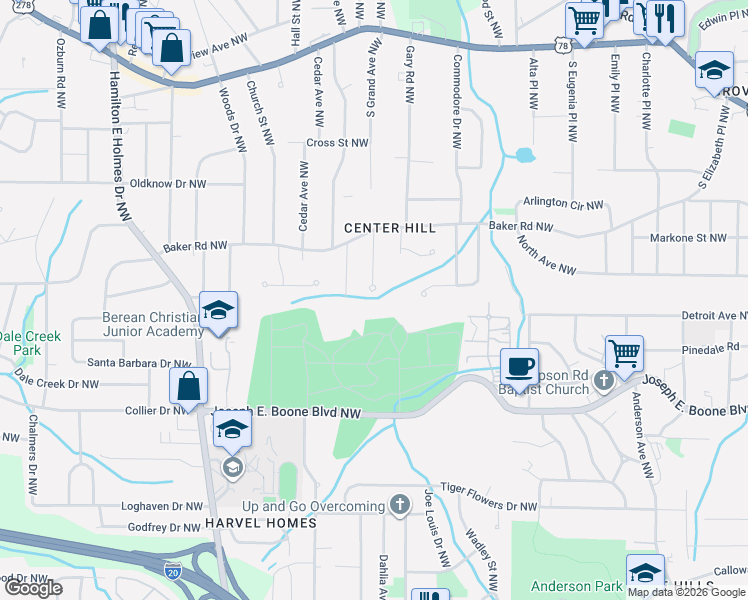 map of restaurants, bars, coffee shops, grocery stores, and more near 479 Park Valley Drive Northwest in Atlanta
