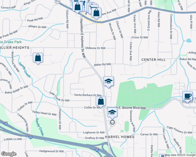 map of restaurants, bars, coffee shops, grocery stores, and more near 454 Hamilton E Holmes Drive Northwest in Atlanta