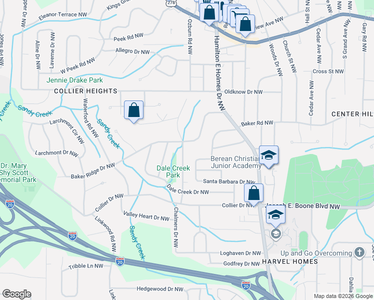 map of restaurants, bars, coffee shops, grocery stores, and more near 2732 Baker Ridge Drive Northwest in Atlanta