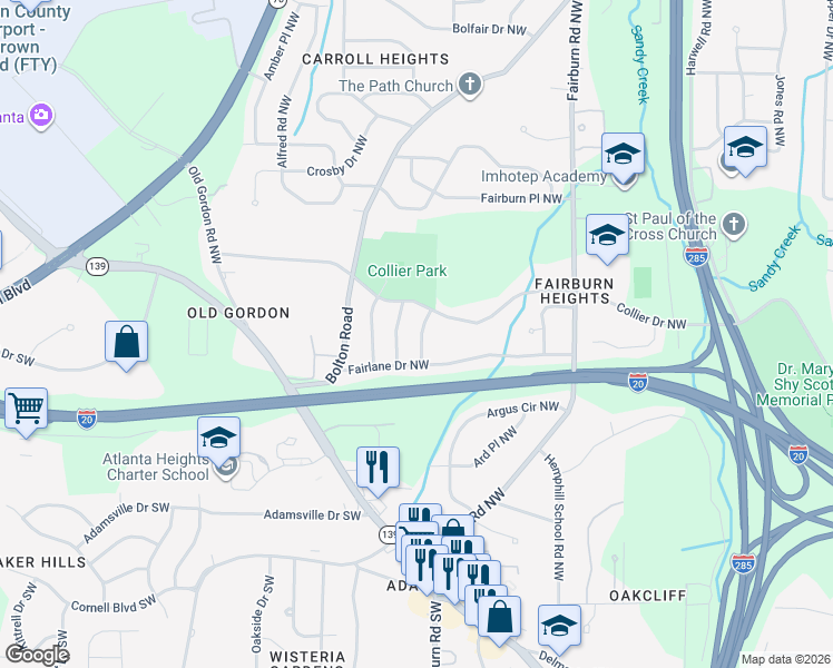 map of restaurants, bars, coffee shops, grocery stores, and more near 452 Camrose Way Northwest in Atlanta