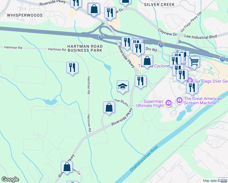 map of restaurants, bars, coffee shops, grocery stores, and more near 7730 The Bluffs in Austell