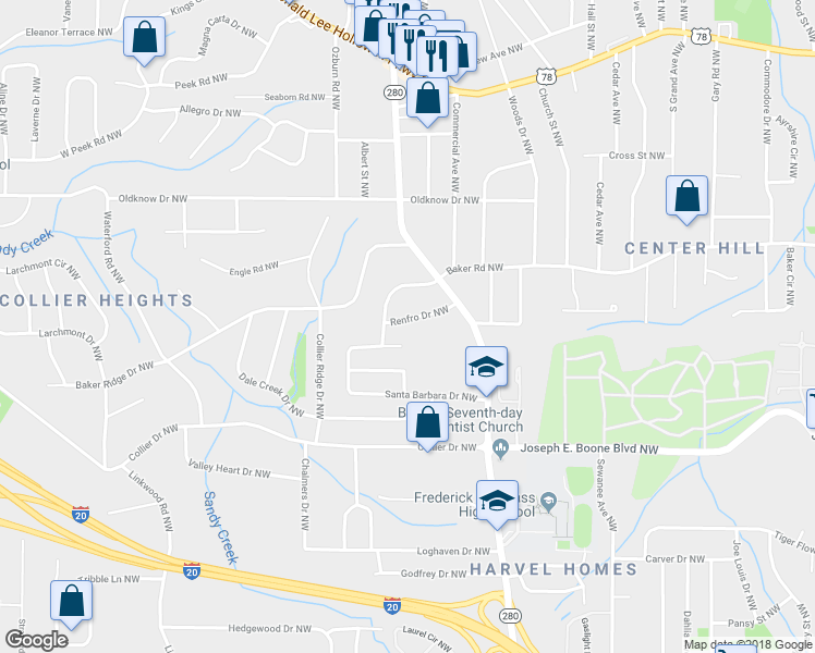 map of restaurants, bars, coffee shops, grocery stores, and more near 2910 Renfro Drive Northwest in Atlanta