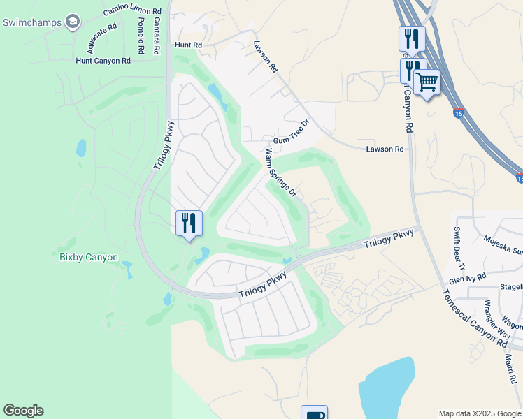 map of restaurants, bars, coffee shops, grocery stores, and more near 24238 Owl Court in Corona