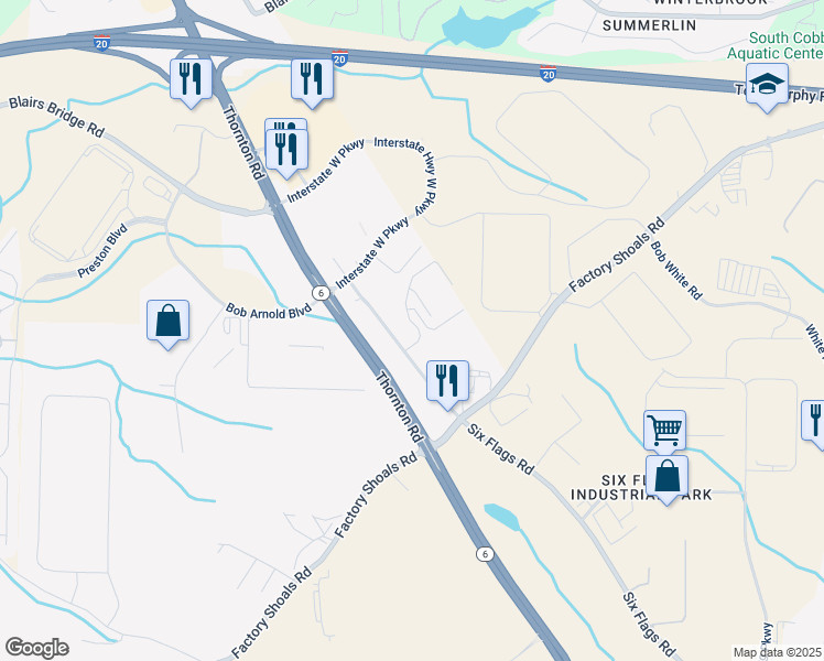 map of restaurants, bars, coffee shops, grocery stores, and more near 1350 Six Flags Road in Lithia Springs