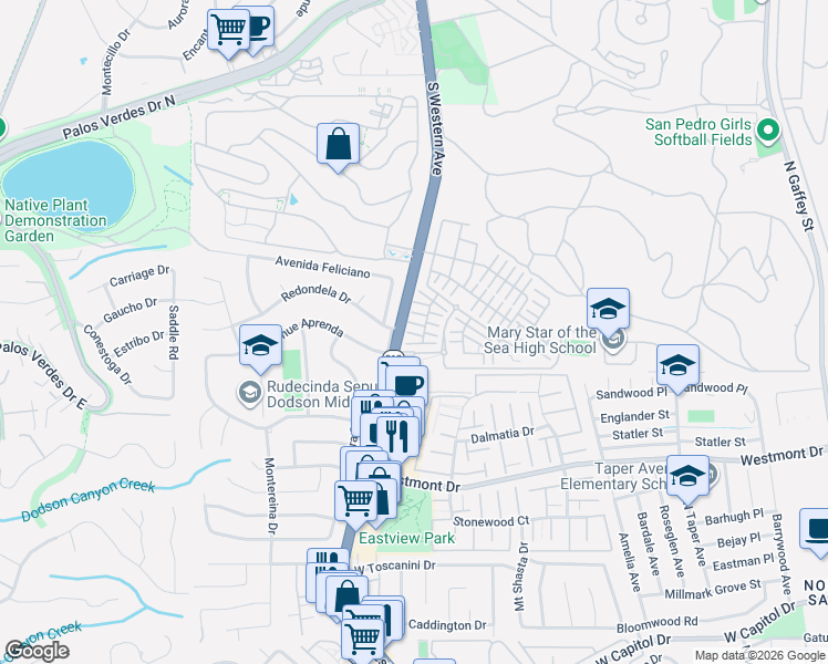 map of restaurants, bars, coffee shops, grocery stores, and more near 1685 Constellation Drive in Los Angeles