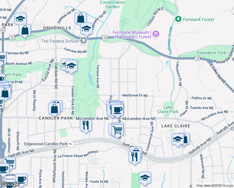 map of restaurants, bars, coffee shops, grocery stores, and more near 492 Clifton Road Northeast in Atlanta