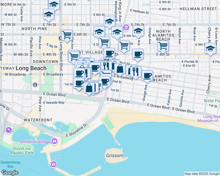 map of restaurants, bars, coffee shops, grocery stores, and more near 801 East 1st Street in Long Beach