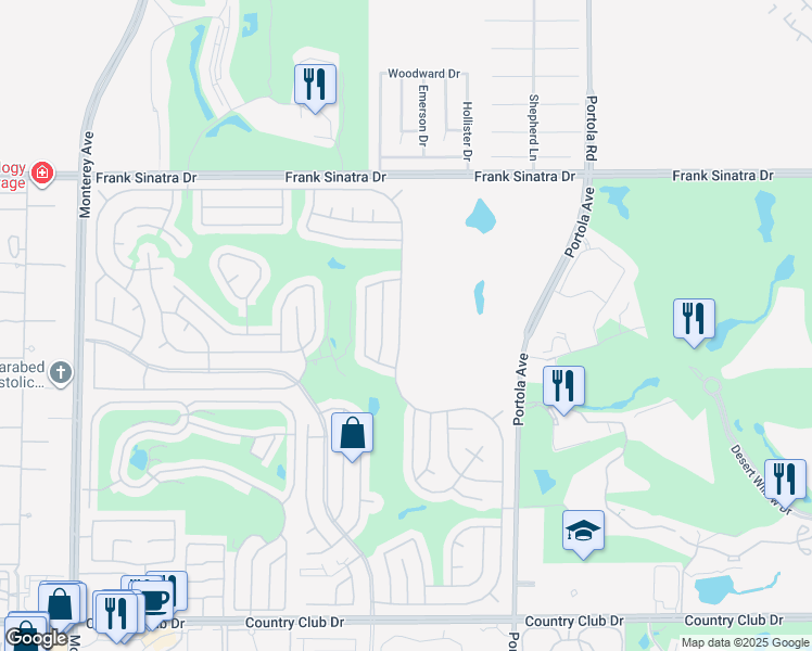map of restaurants, bars, coffee shops, grocery stores, and more near 38680 Desert Greens Drive East in Palm Desert