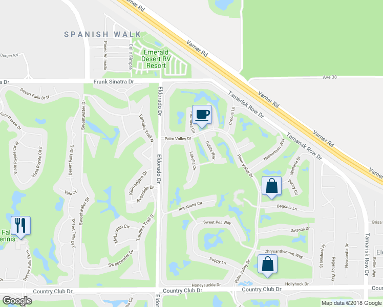 map of restaurants, bars, coffee shops, grocery stores, and more near 38679 Lobelia Circle in Palm Desert