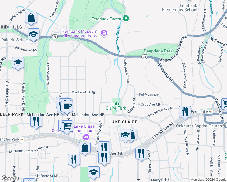 map of restaurants, bars, coffee shops, grocery stores, and more near 1860 Marlbrook Drive Northeast in Atlanta