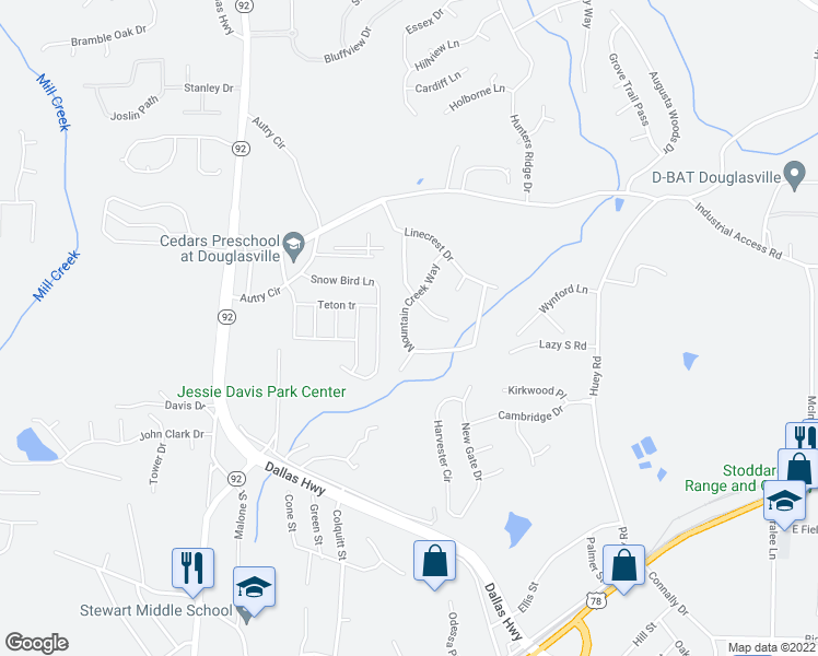 map of restaurants, bars, coffee shops, grocery stores, and more near 7736 Mountain Creek Way in Douglasville