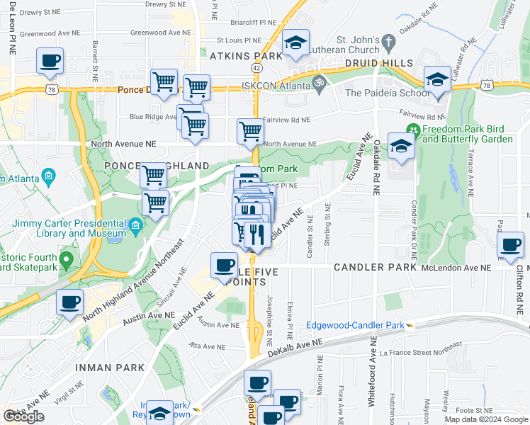 map of restaurants, bars, coffee shops, grocery stores, and more near 1193 Mansfield Avenue Northeast in Atlanta