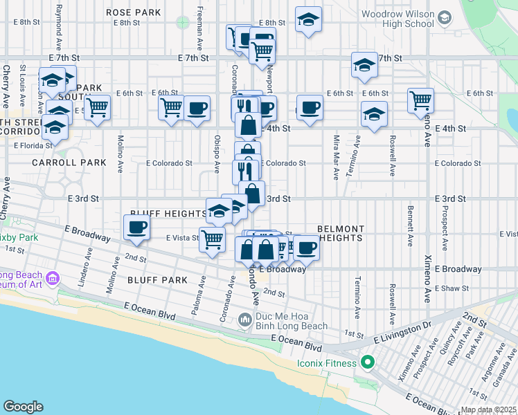 map of restaurants, bars, coffee shops, grocery stores, and more near 282 Redondo Avenue in Long Beach