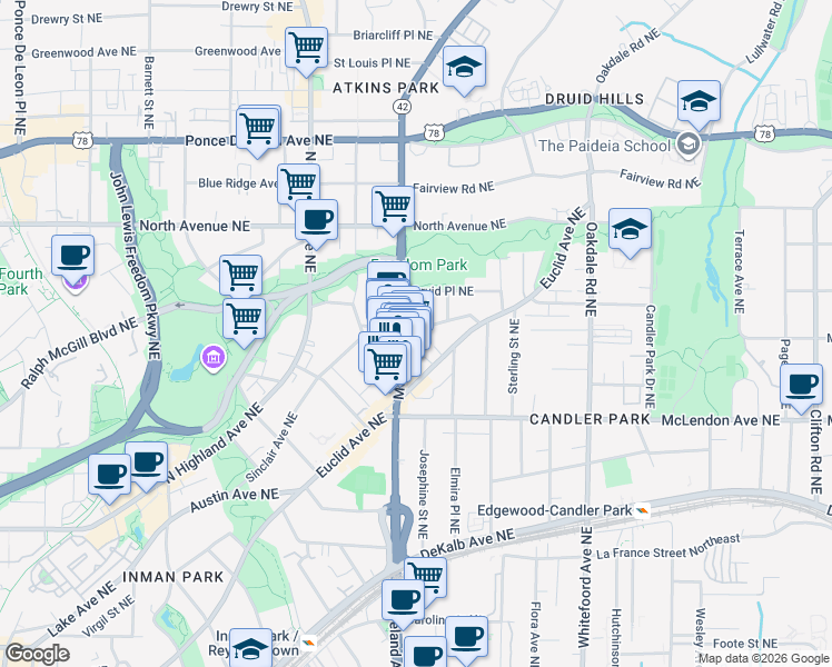 map of restaurants, bars, coffee shops, grocery stores, and more near 1206 Mansfield Avenue Northeast in Atlanta