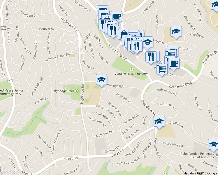 map of restaurants, bars, coffee shops, grocery stores, and more near 5705 Mistridge Drive in Rancho Palos Verdes
