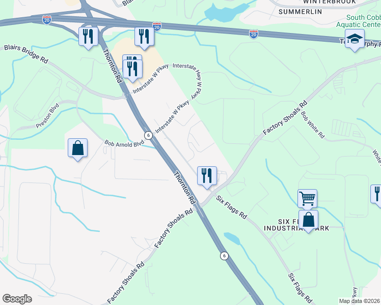 map of restaurants, bars, coffee shops, grocery stores, and more near 1350 Six Flags Road in Lithia Springs