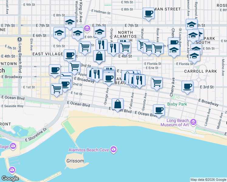 map of restaurants, bars, coffee shops, grocery stores, and more near 1232 2nd Street in Long Beach