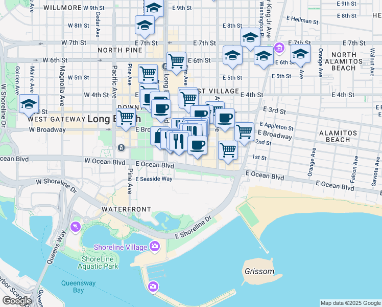 map of restaurants, bars, coffee shops, grocery stores, and more near 50 Elm Avenue in Long Beach