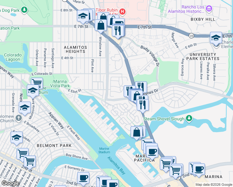 map of restaurants, bars, coffee shops, grocery stores, and more near 5720 Madrid Lane in Long Beach